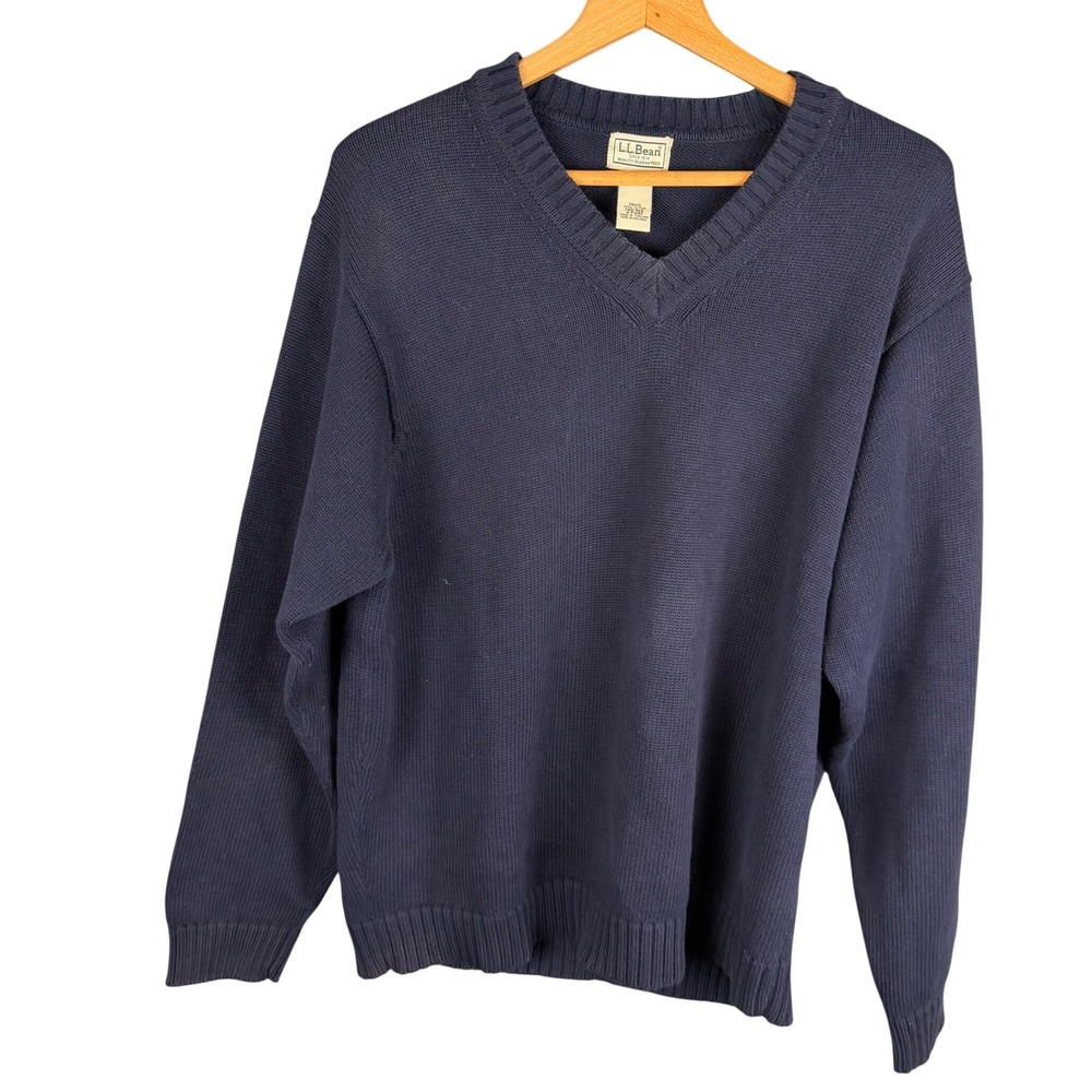 LL Bean Mens Navy Blue 100% Cotton V-Neck Shaker Knit Sweater Medium Regular